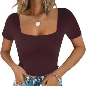 Square Neck Short Sleeve Thong Bodysuit - Wine 🍷 (Color)